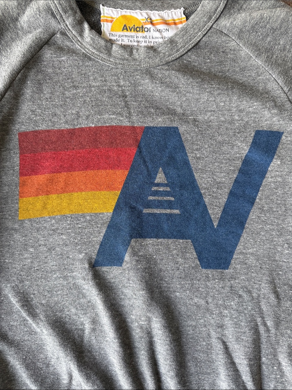 Aviator Nation Unisex Gray Crewneck Sweatshirt with Retro Stripe Logo (Size XS) - Picture 7 of 7
